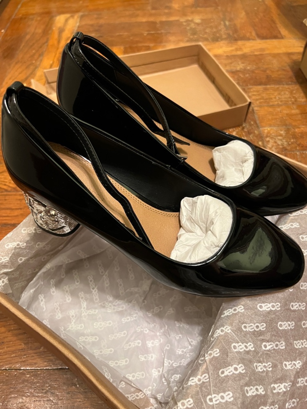 ASOS Black Patent Round-Toe Ankle-Strap Block Heels